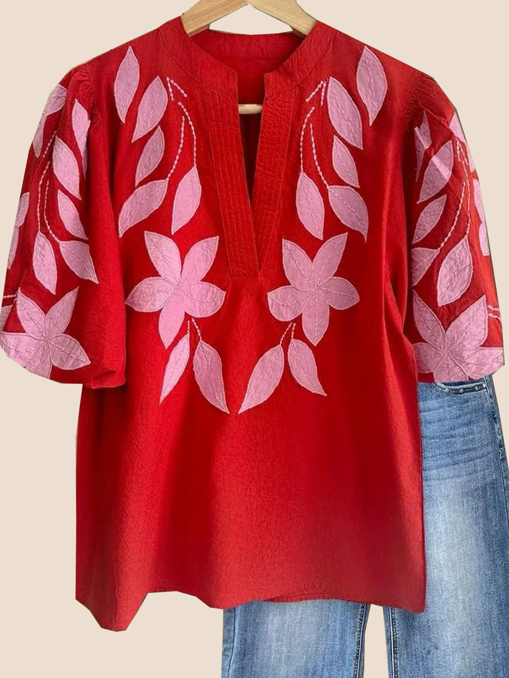 Women's V Neck Puff Sleeve Floral Embroidery  T-Shirt