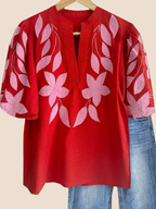 Women's V Neck Puff Sleeve Floral Embroidery  T-Shirt