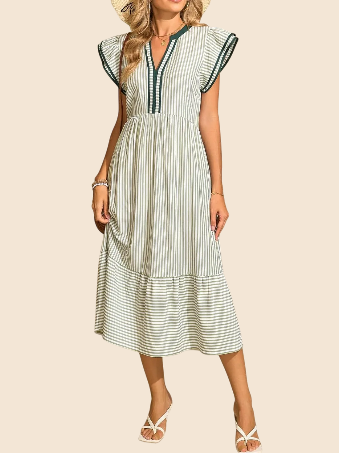 Women's Striped V-Neck Flutter Sleeve Long Dress